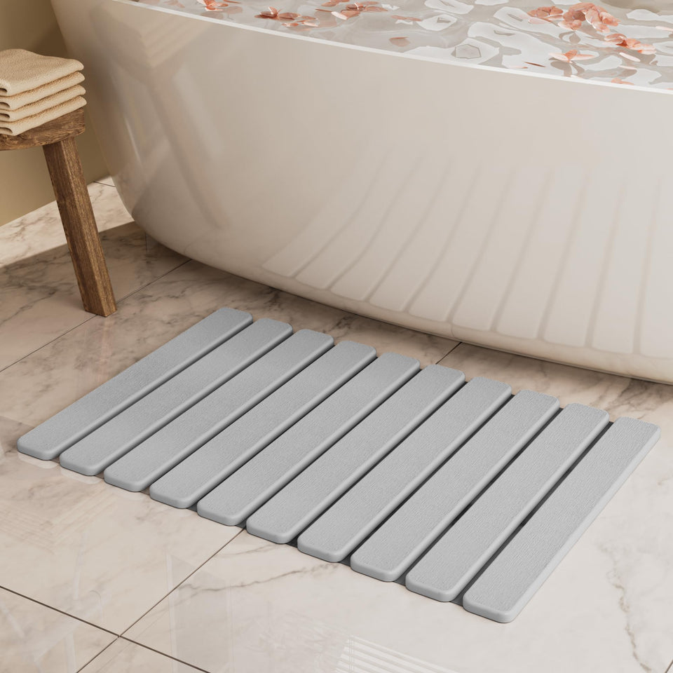 Summer-Kiss foldable stone bath mat showing absorbent surface for quick bathroom drying.