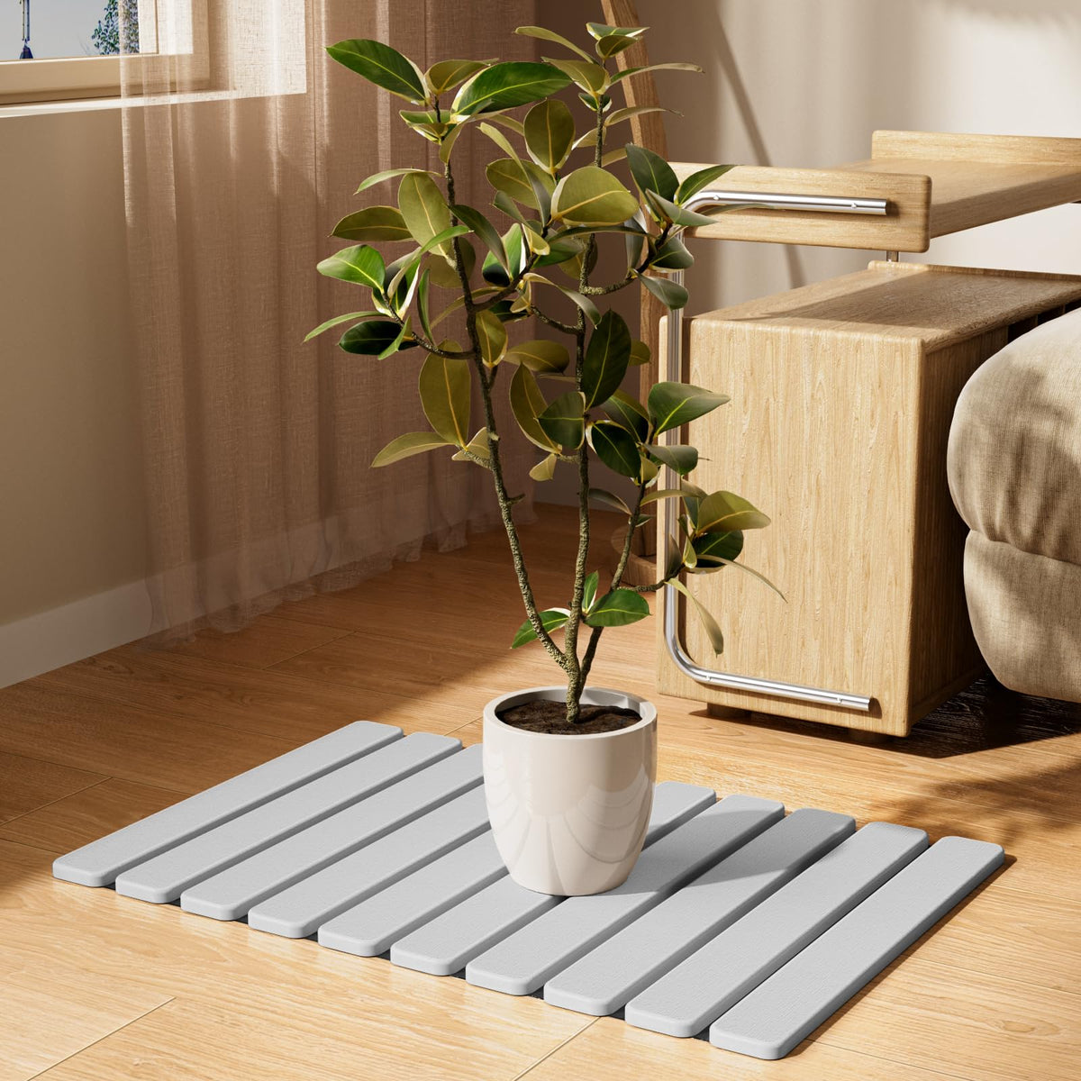 Summer-Kiss roll-up stone mat stored compactly for space-saving storage.