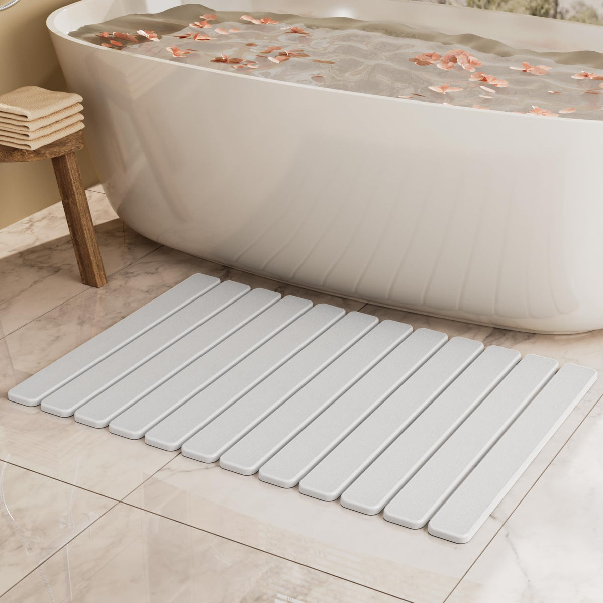 Summer&Kiss stone bath mat with absorbent quick-dry surface keeps feet dry.