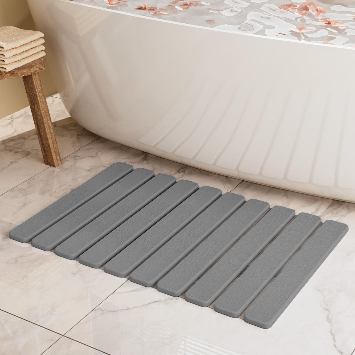 Summer&Kiss foldable stone bath mat laid flat, showing space-saving design and quick-drying surface.