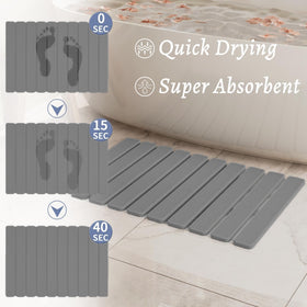 Summer&Kiss quick-dry diatomaceous earth mat demonstrating moisture absorption on a bathroom floor.