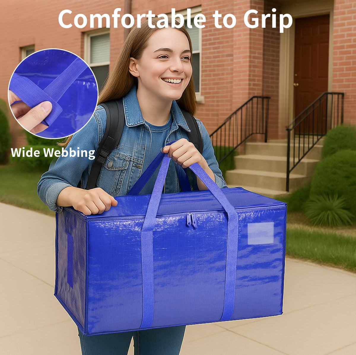 SummitFlare dorm move scenario with blue bags ready for college apartment move.