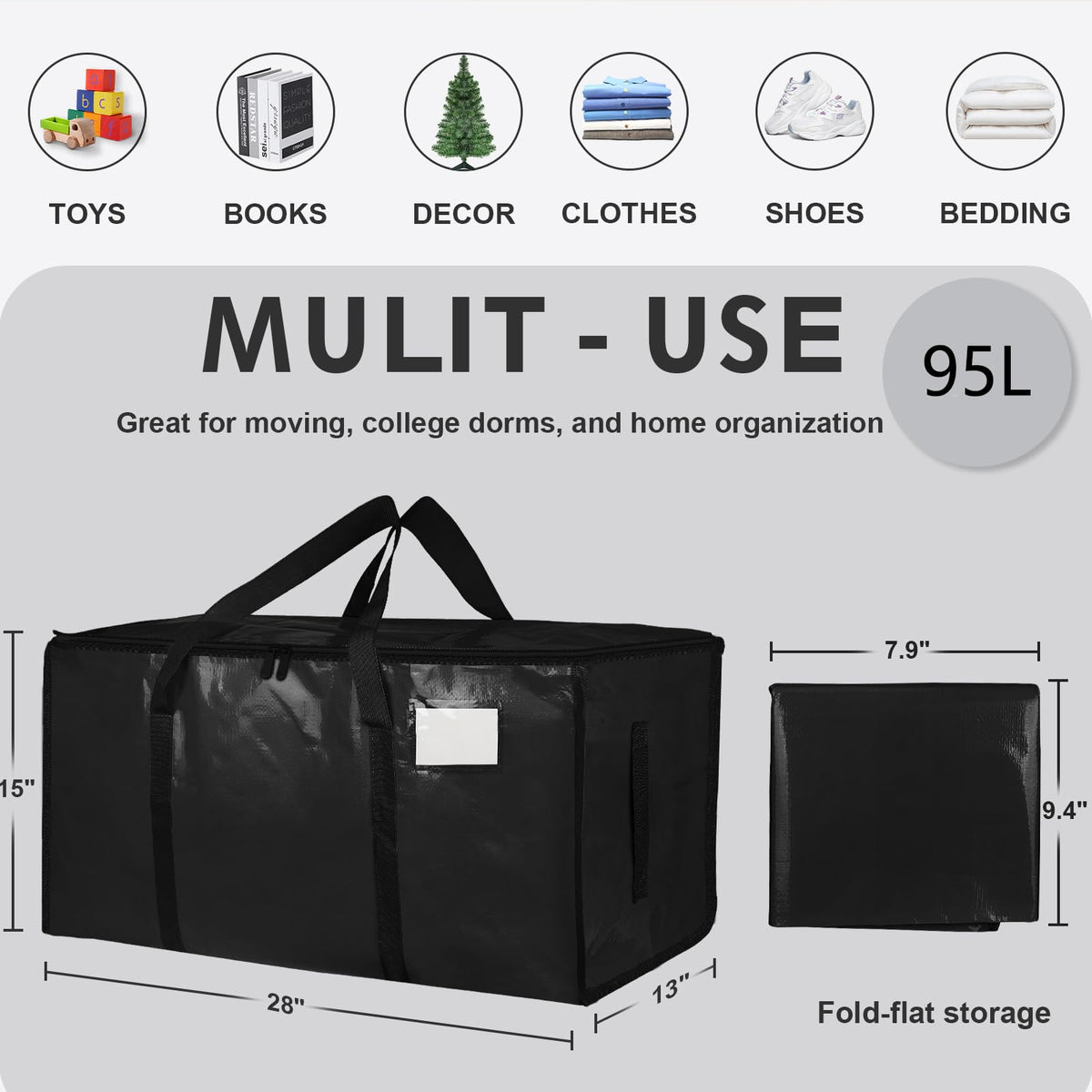 SummitFlare 95L bag with handles, easy lifting of dorm essentials.