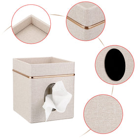 Sumnacon linen tissue box cover with storage for small items.