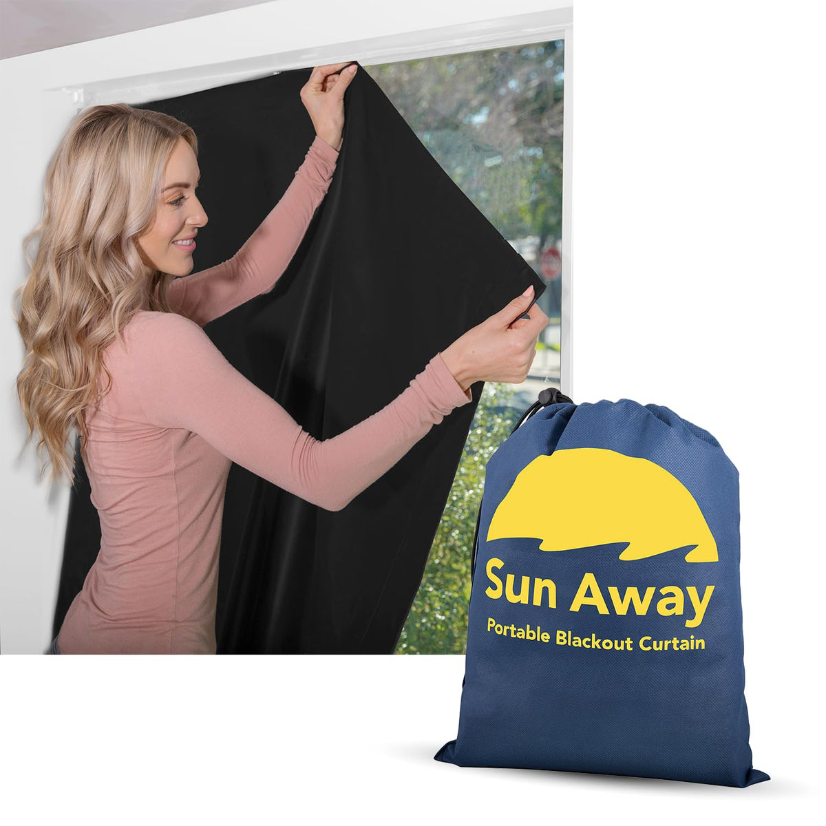 SUN AWAY portable blackout curtain with suction cups for easy travel blackout.