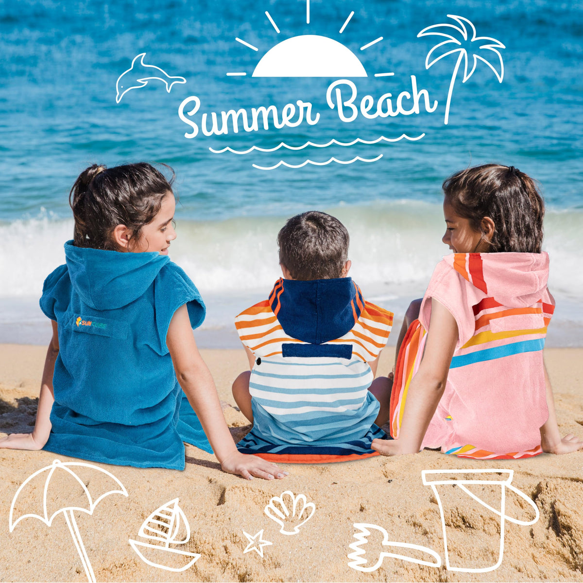 SUN CUBE Kids back-handle hooded towel, easy carrying and drying after beach or bath.