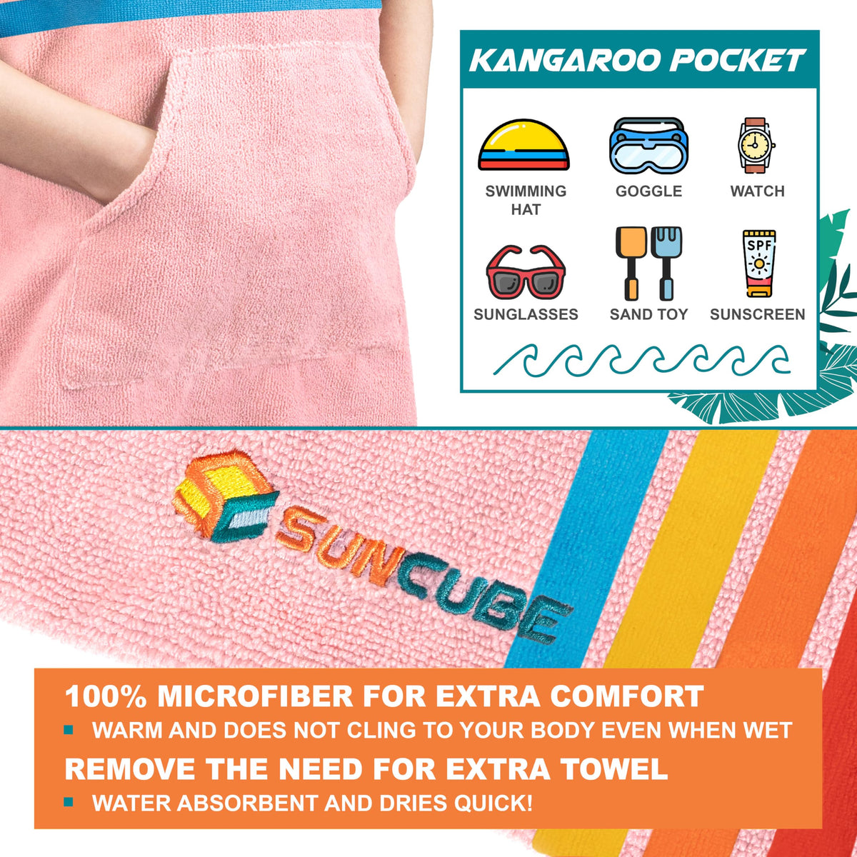 SUN CUBE kids-beach-towel-hooded-sunset-pink, keeps head warm and towels handy at the shore.