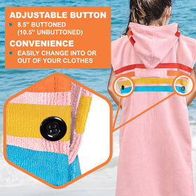 SUN CUBE Kids beach towel robe with pocket, perfect for storing goggles and sunscreen.