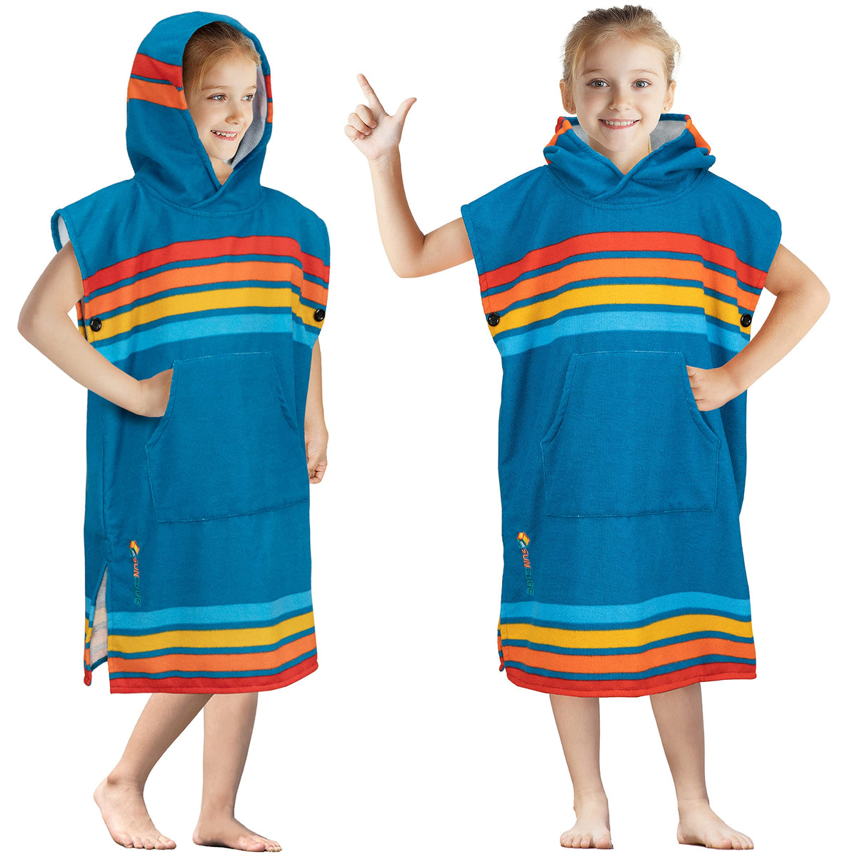 SUN CUBE Kids changing robe poncho front view, easy changing at the beach.