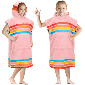 SUN CUBE Kids Changing Robe Poncho Sunset Pink with hood, quick-drying after swim.