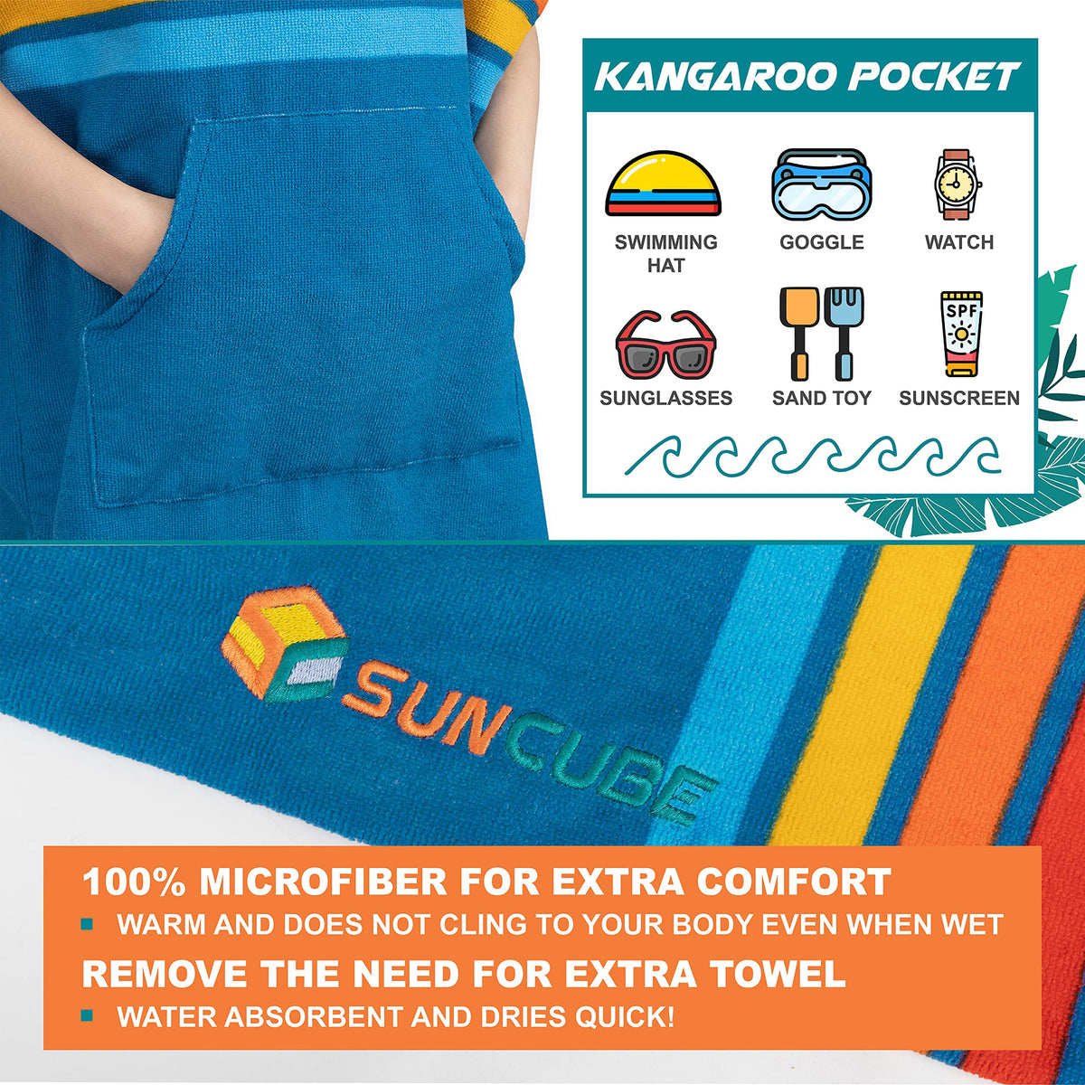 SUN CUBE Kids hooded towel fabric closeup, ultra-soft microfiber dries quickly.