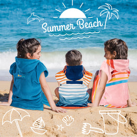 SUN CUBE kids-towel-robe-pocket-sunset-pink, front pocket stores goggles and sunscreen.