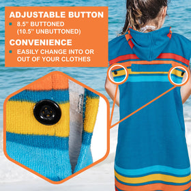 SUN CUBE Sunset Blue poncho on beach, ideal for drying and changing between swims.