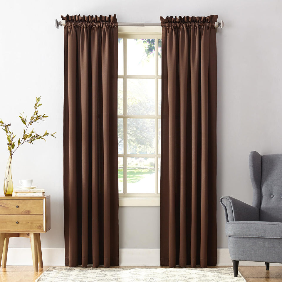 Sun Zero Barrow energy-efficient rod-pocket curtain panel pair blocks light for privacy.