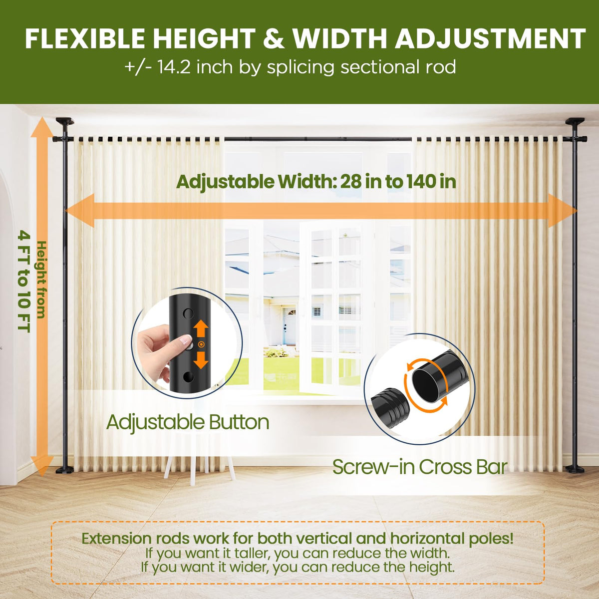 SUNALLY adjustable-height room divider rod enabling flexible 4–10 ft room partitions.