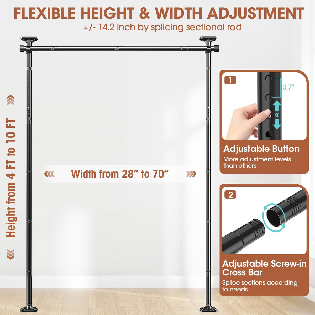 Sunally adjustable height and width range from 4ft to 10ft.