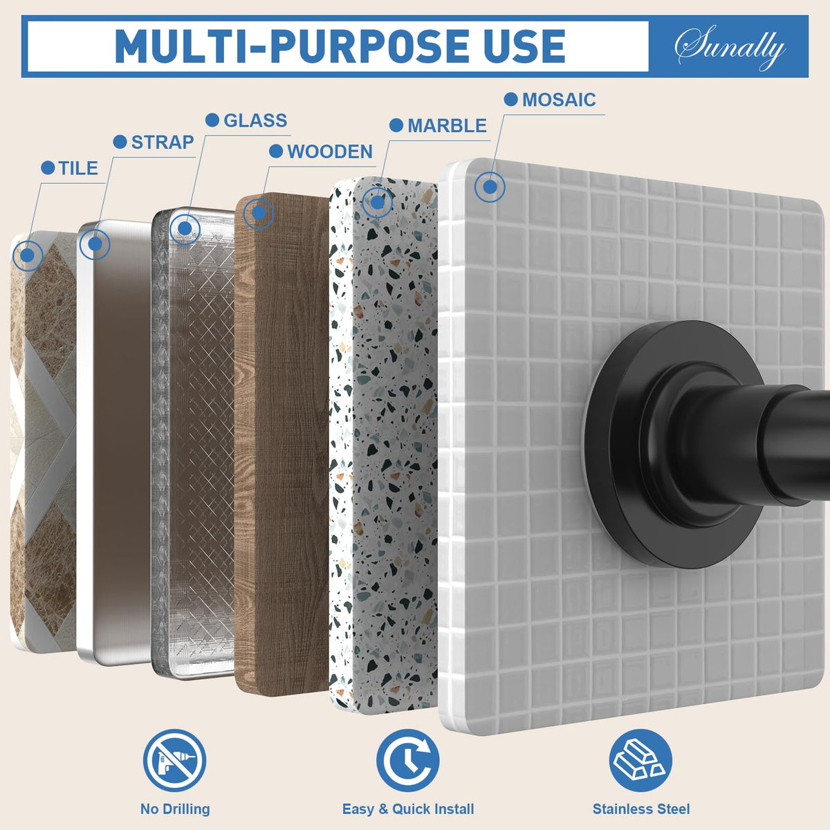 SUNALLY multifunctional rod used in bathroom, kitchen, or closet spaces