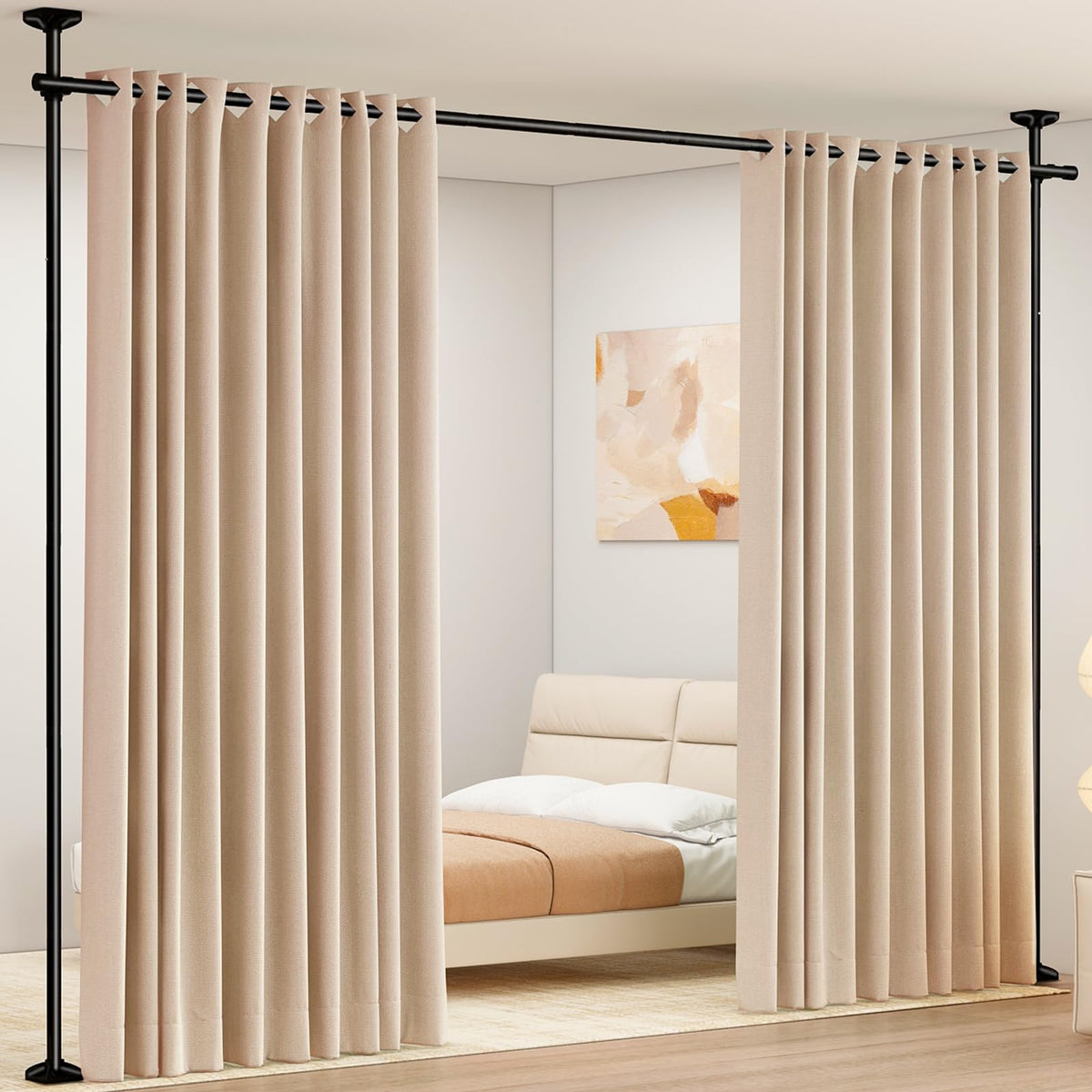 Sunally room divider rod demonstrates no-drill installation for rental homes.