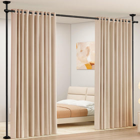 Sunally room divider rod demonstrates no-drill installation for rental homes.