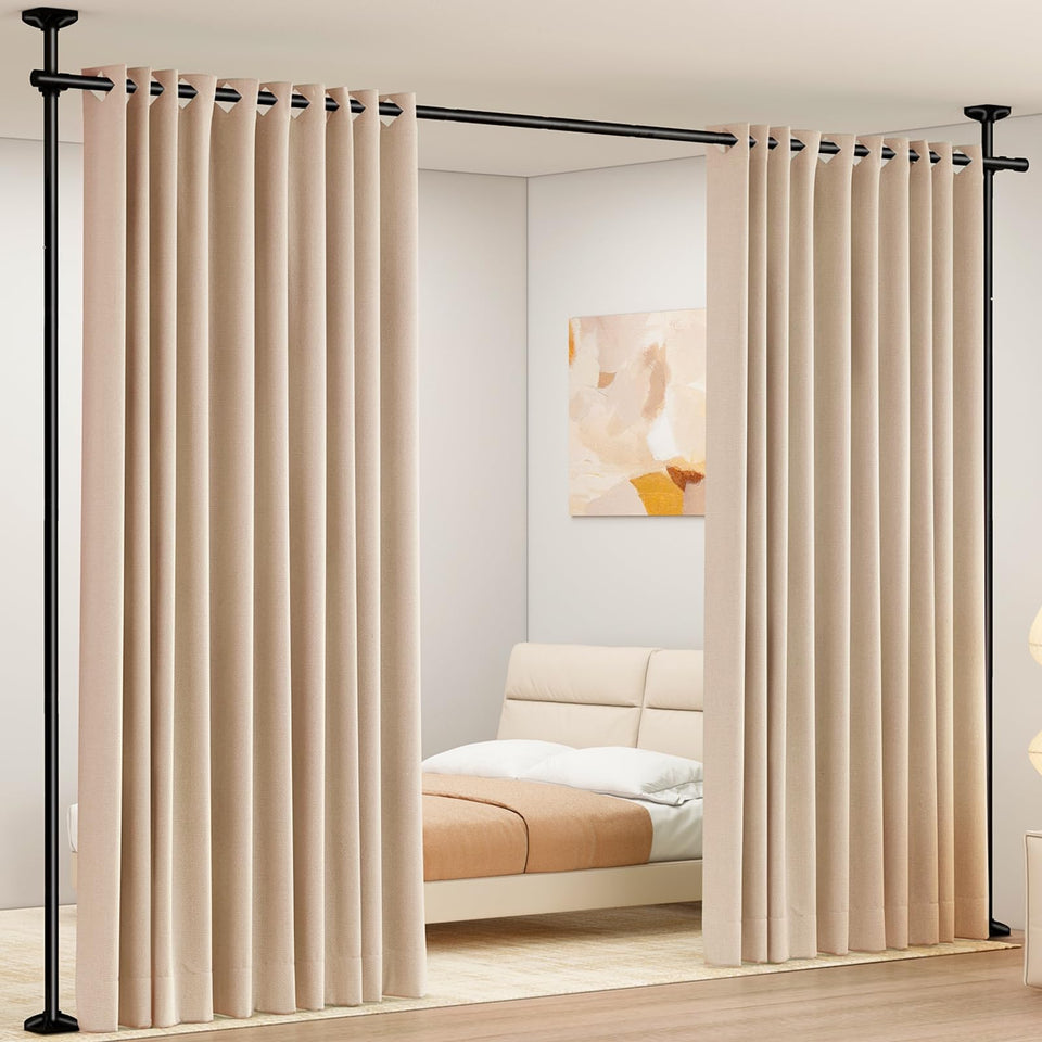 Sunally room divider rod demonstrates no-drill installation for rental homes.