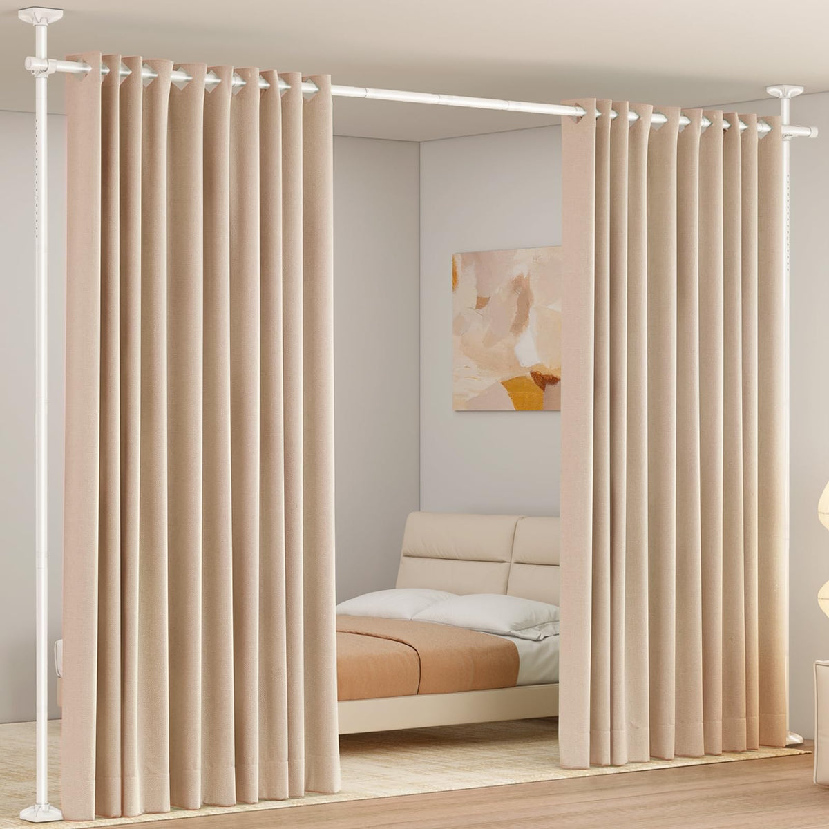 SUNALLY Room Divider Rod installed without drilling for rental spaces.