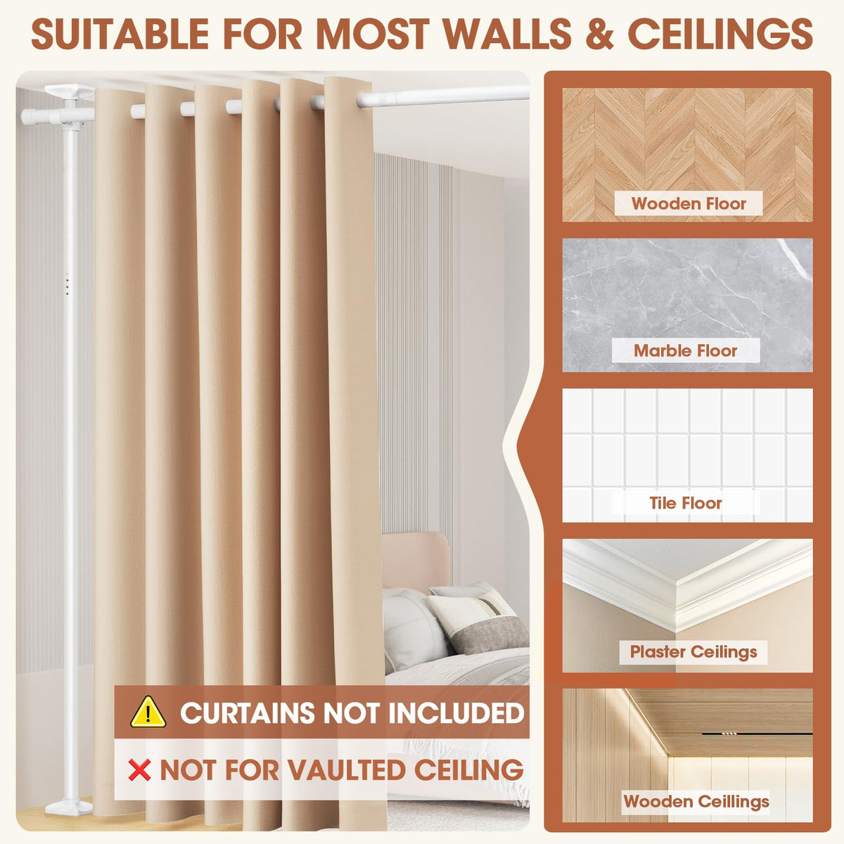 SUNALLY Stainless steel rod with 45 lb load-bearing capacity for heavier curtains.