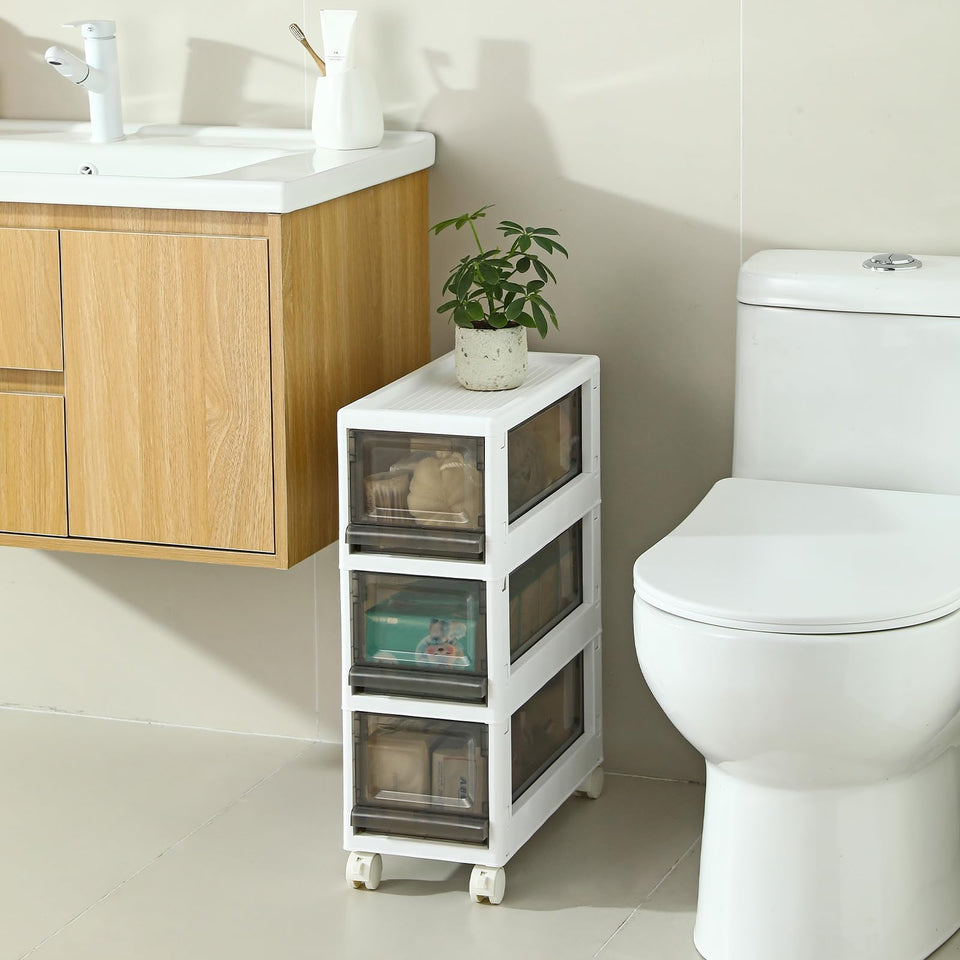 Sunamon narrow 3-drawer cart white front view for compact bathroom storage