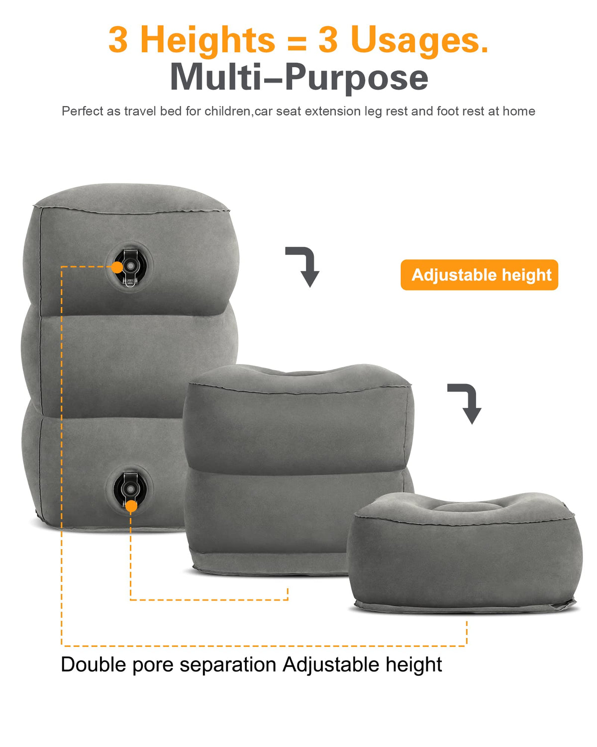 Three-height adjustable foot rest for personalized comfort.