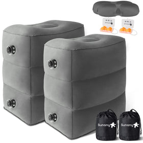 Sunany inflatable foot rest in airplane setup for travel comfort.