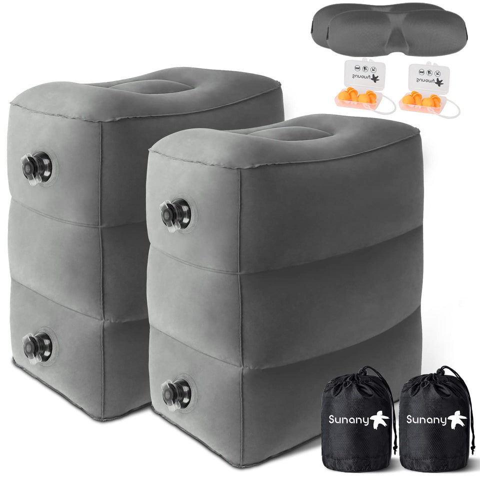Sunany inflatable foot rest in airplane setup for travel comfort.