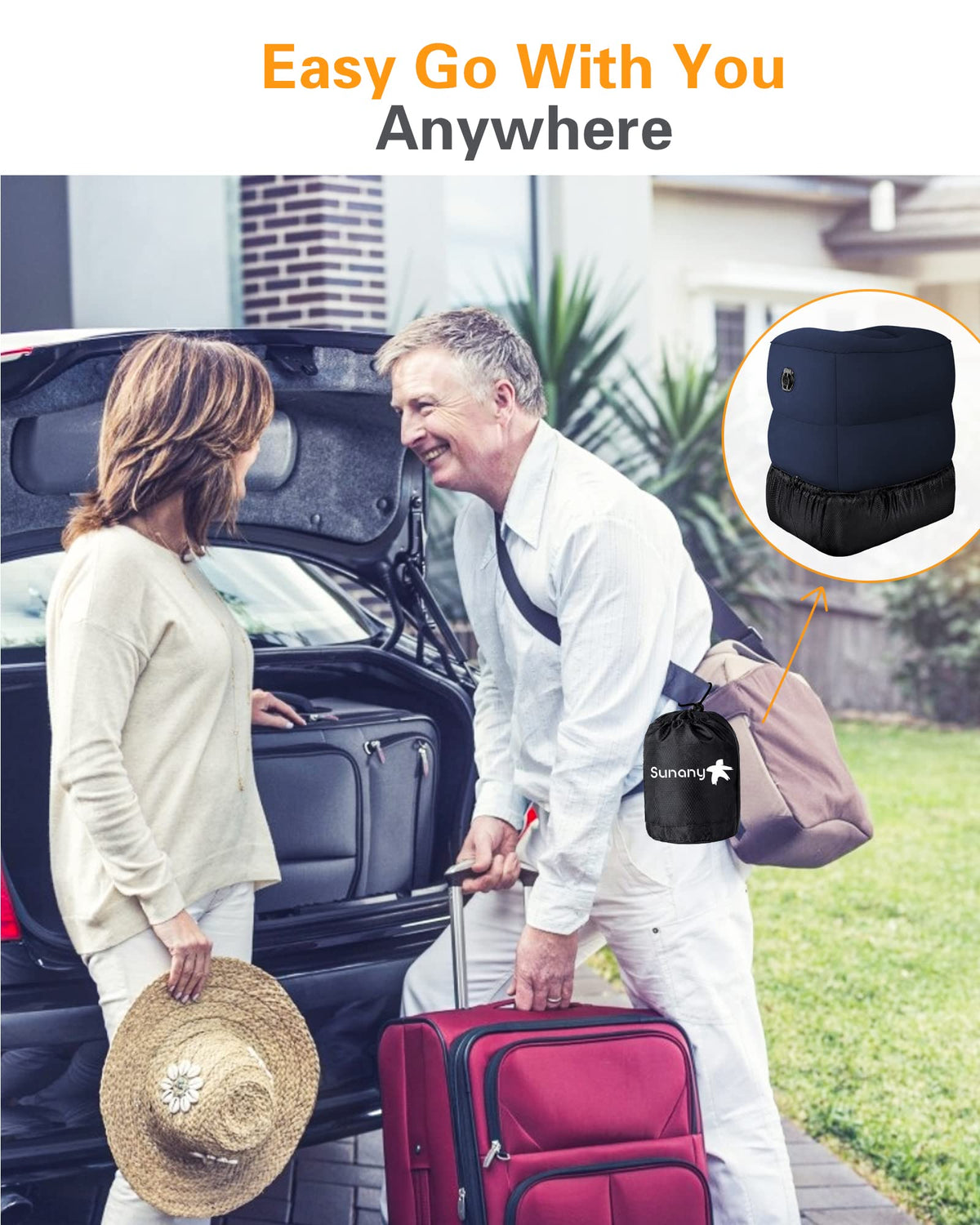 Sunany compact travel foot rest ready for bag storage and quick setup.