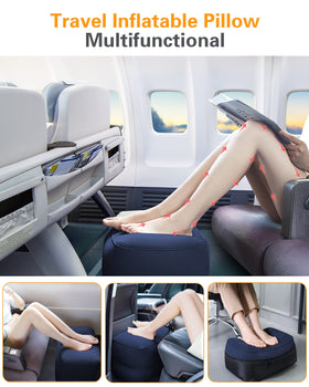 Sunany inflatable foot rest pillow in flight use shows adjustable height for ergonomic support.