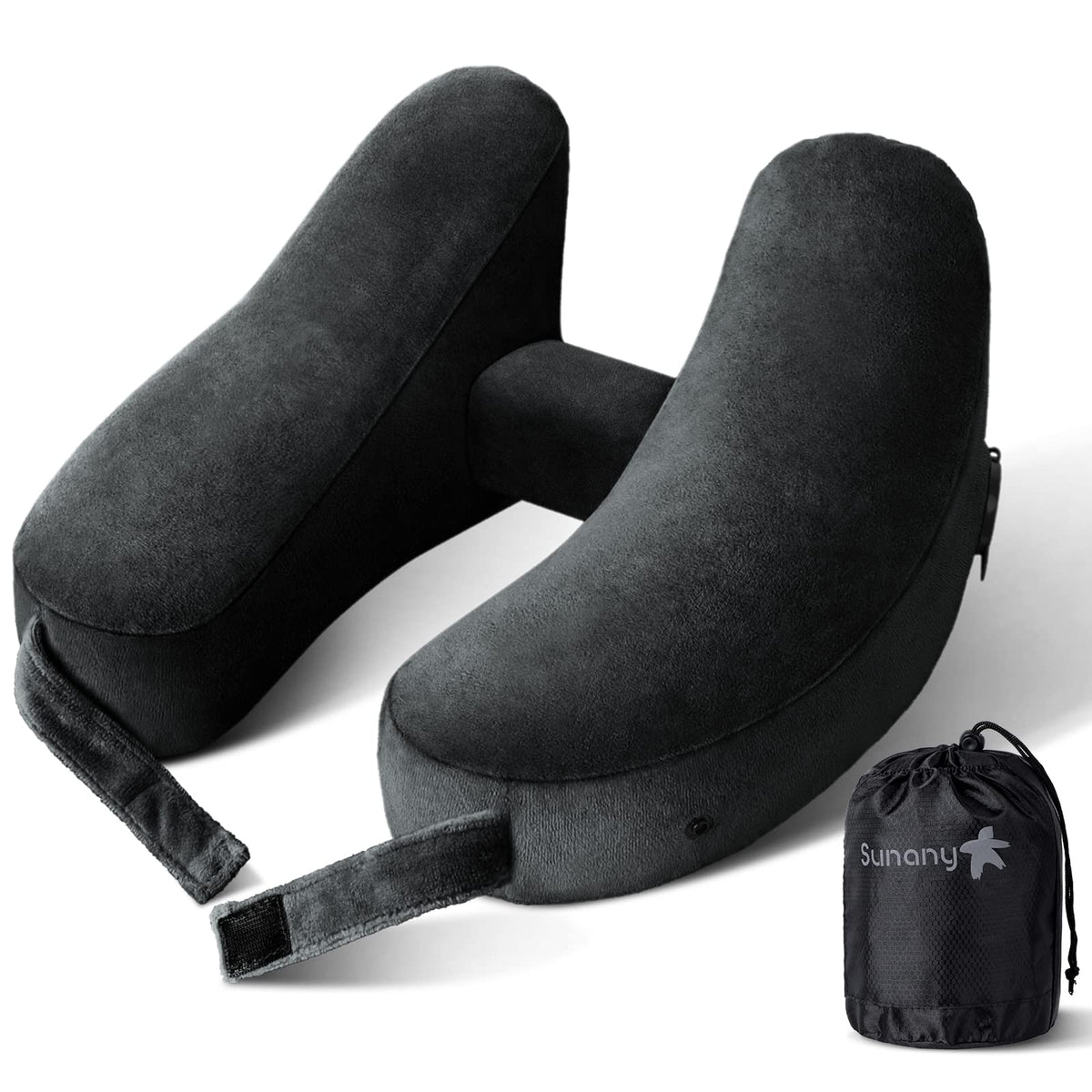 Sunany travel neck pillow in H-shape with plush velour cover for comfortable support.