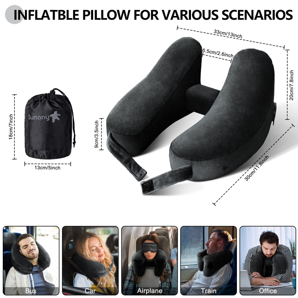 Sunany travel neck pillow showing soft velvet cover and easy care design.