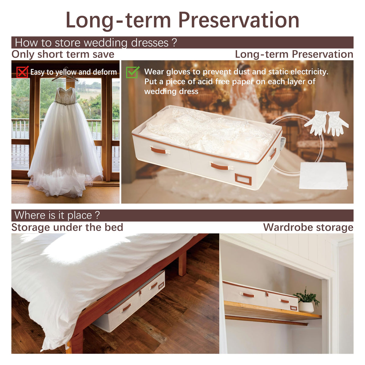 SUNAUMI dimensions 33x16.5x8 inches fits most wedding gowns.