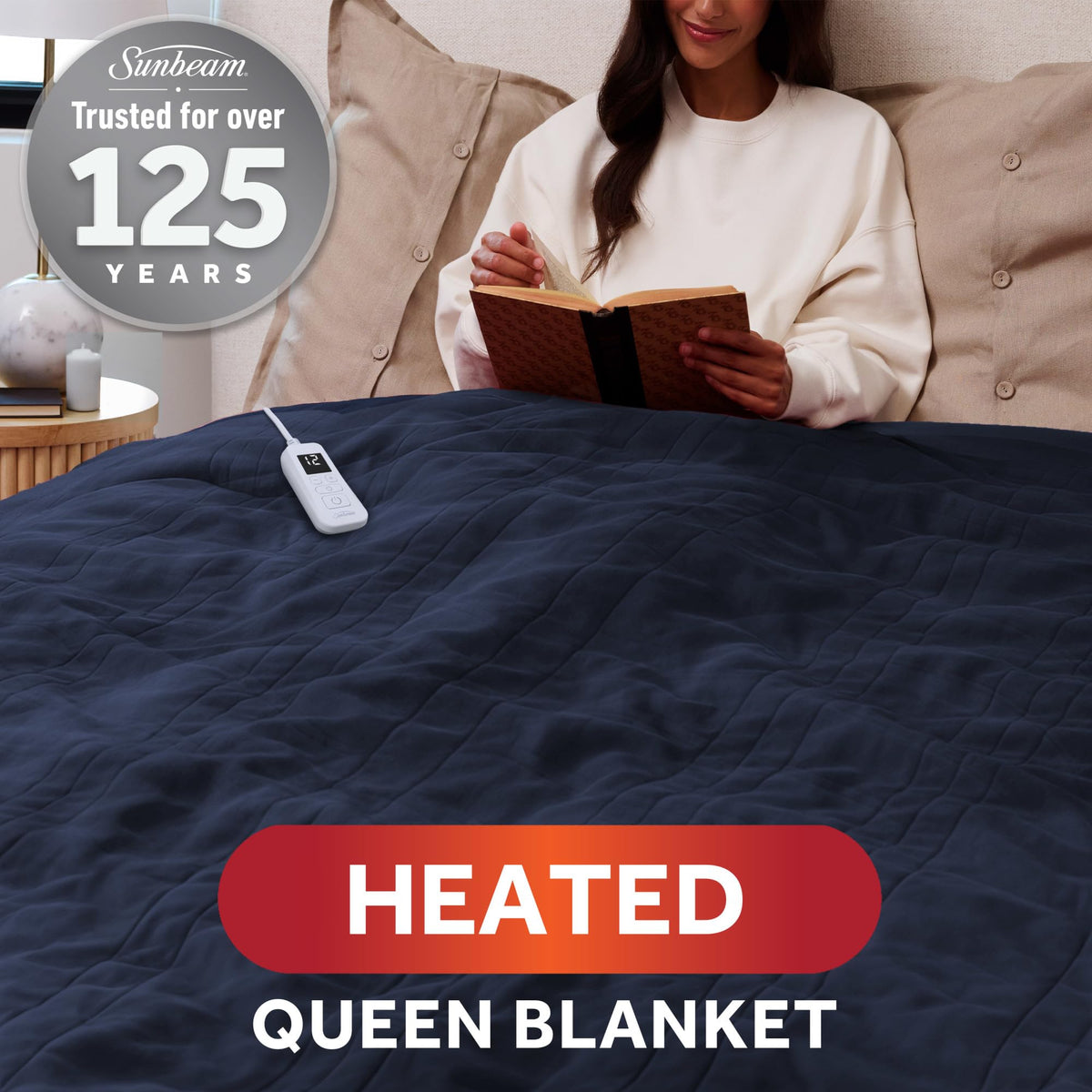 Queen size Sunbeam Royal Ultra Fleece blanket 90x84 on a bed