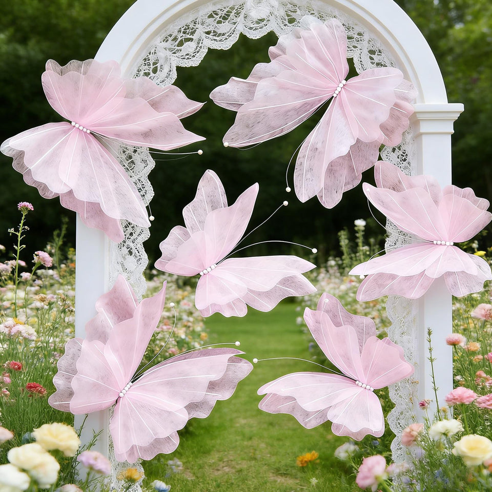 SunBeauty 3D large pink butterfly on wall for elegant party backdrop