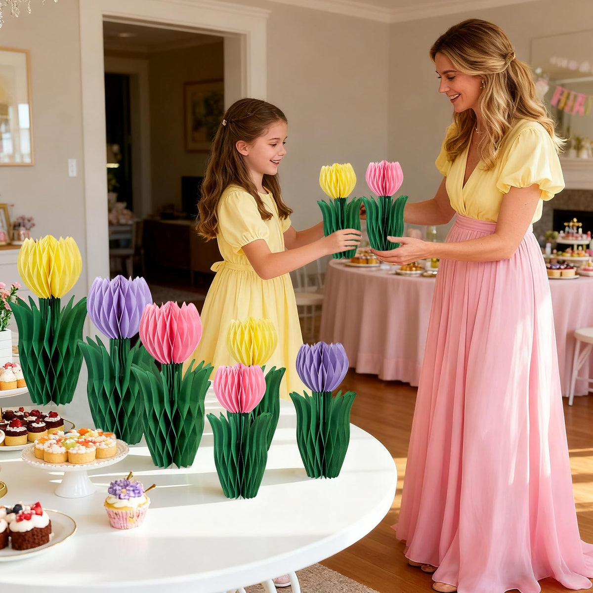 SunBeauty tulips honeycomb dining display for large gatherings and elegant table focal