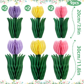 SunBeauty purple tulips honeycomb centerpiece enhances event decor with dimensional flair
