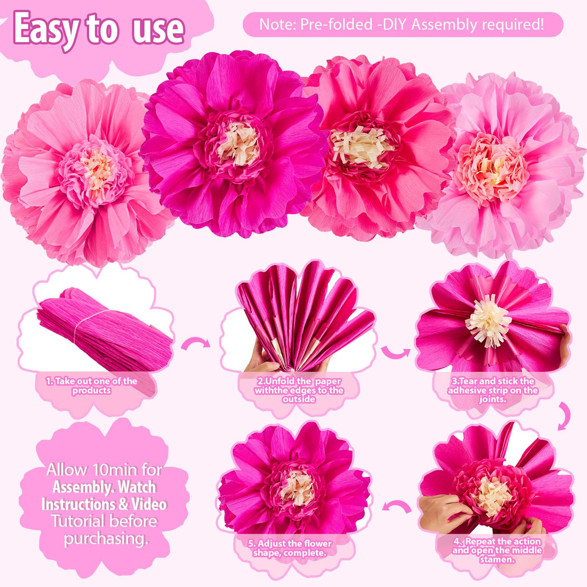 SUNBEAUTY giant pink crepe flower wall backdrop with bold visual impact.