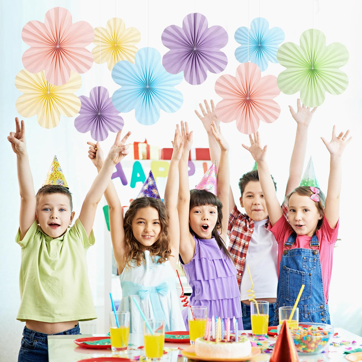 SUNBEAUTY paper fans backdrop set with pastel tones for classroom or event decor