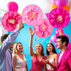 SUNBEAUTY pink paper flower ceiling decor creates festive room ambiance.
