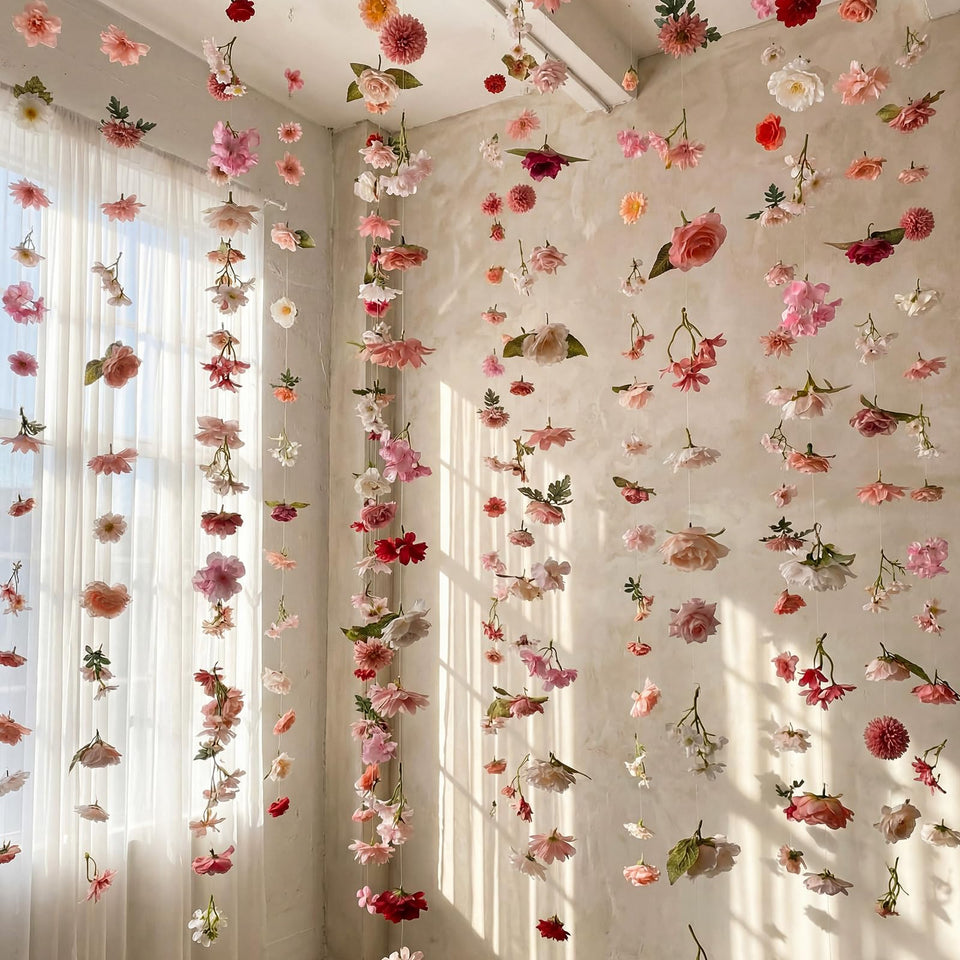 Suncalla 6-piece pink floral garlands set with silk textures for romantic decor.