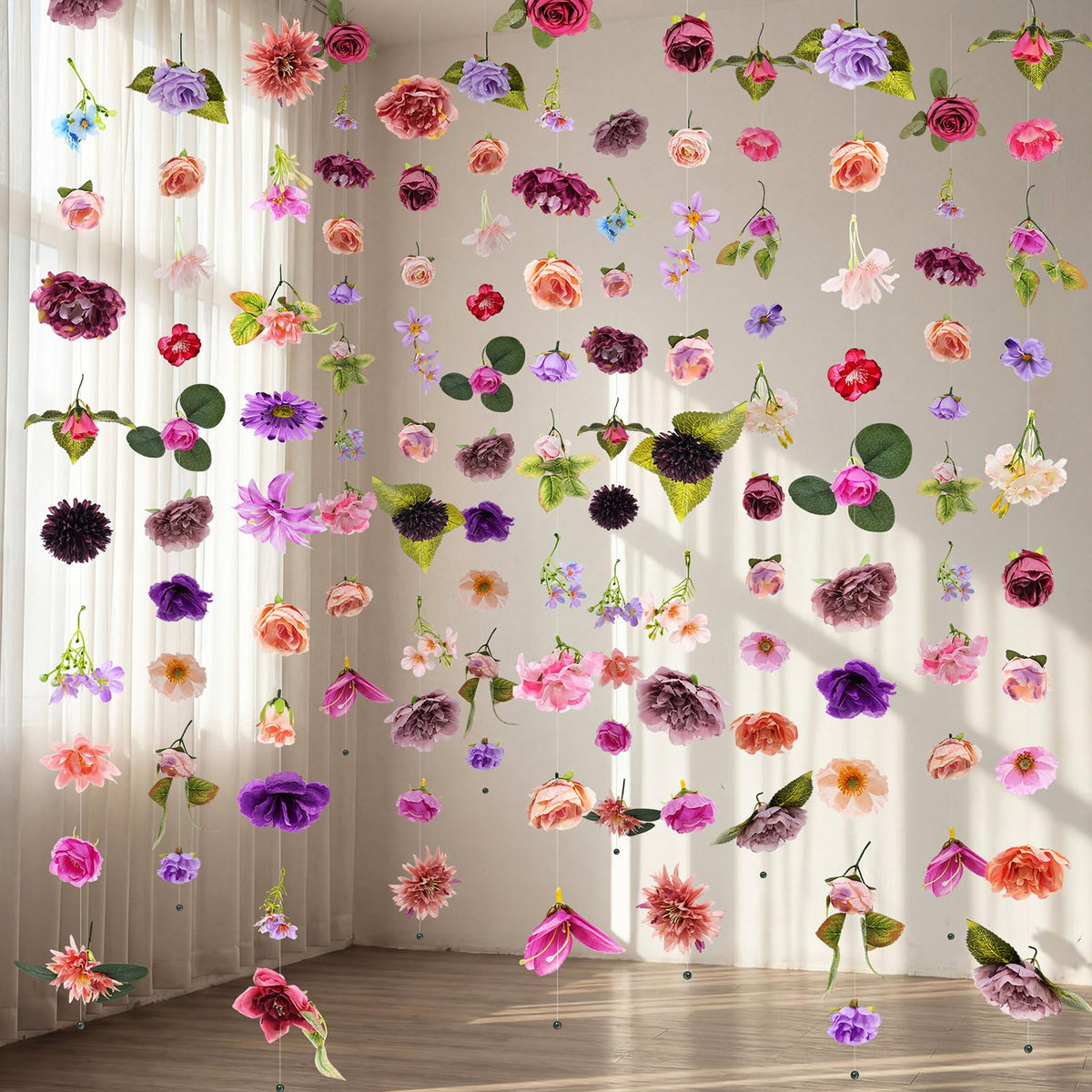 Suncalla 6-pcs purple flower garlands create a vibrant backdrop.