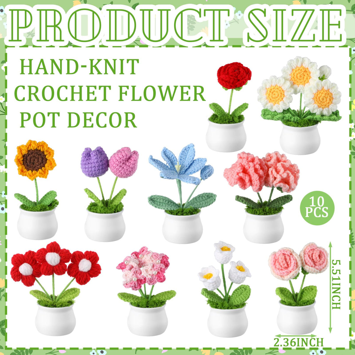 Suncalla crochet daisy pot offers compact decor for tables and desks.