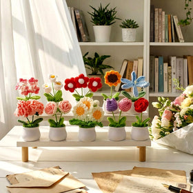 Suncalla crochet rose pot provides a timeless desk accent.