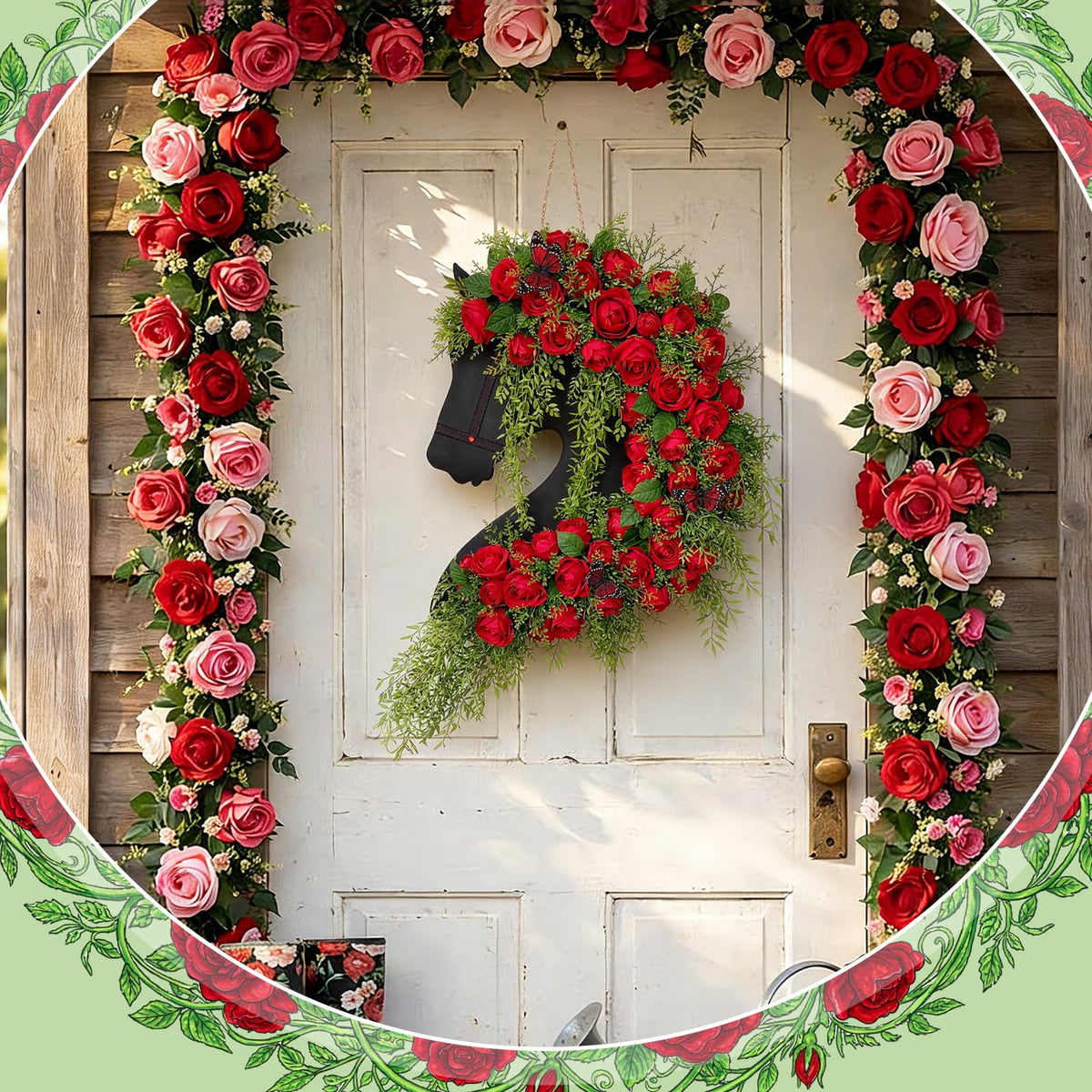 Suncalla Derby Horse Wreath in a covered outdoor space with weather protection.