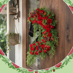 Suncalla Derby Horse Wreath hanging on a porch for welcoming charm.