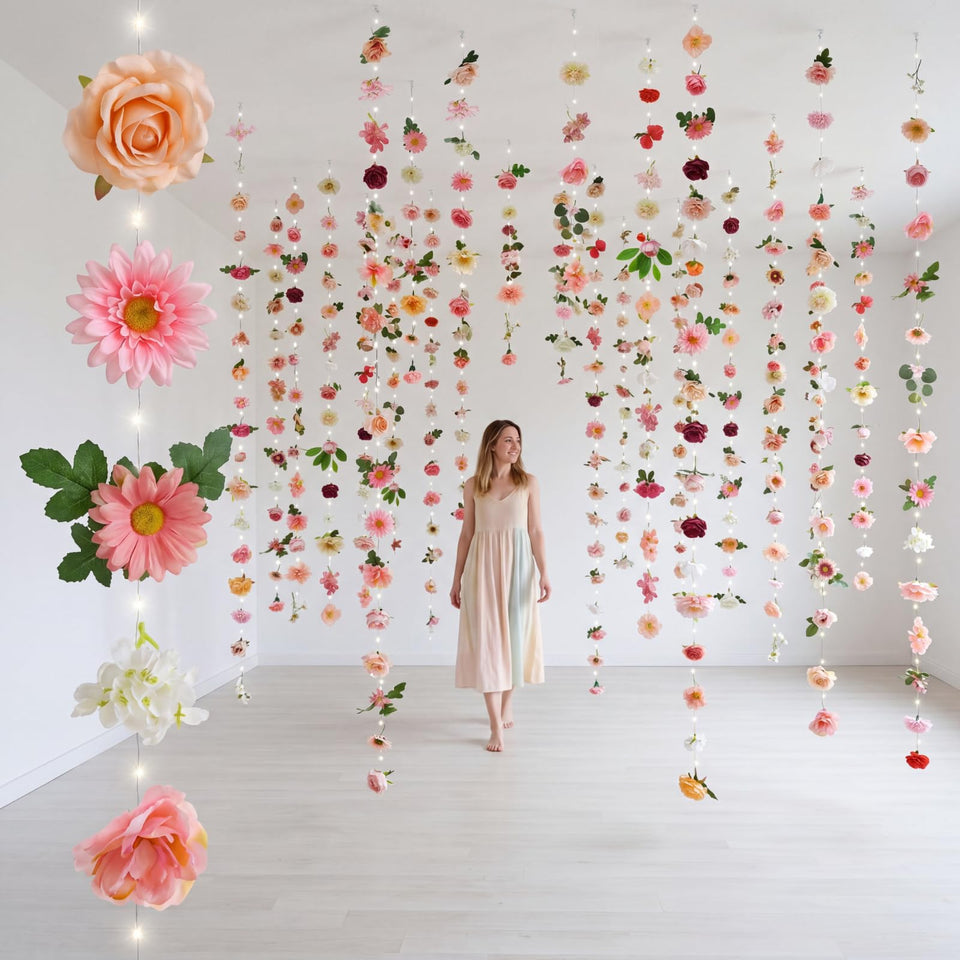 Suncalla six-piece floral garland set with pink purple pastel flowers and LED accents for elegant indoor decor.