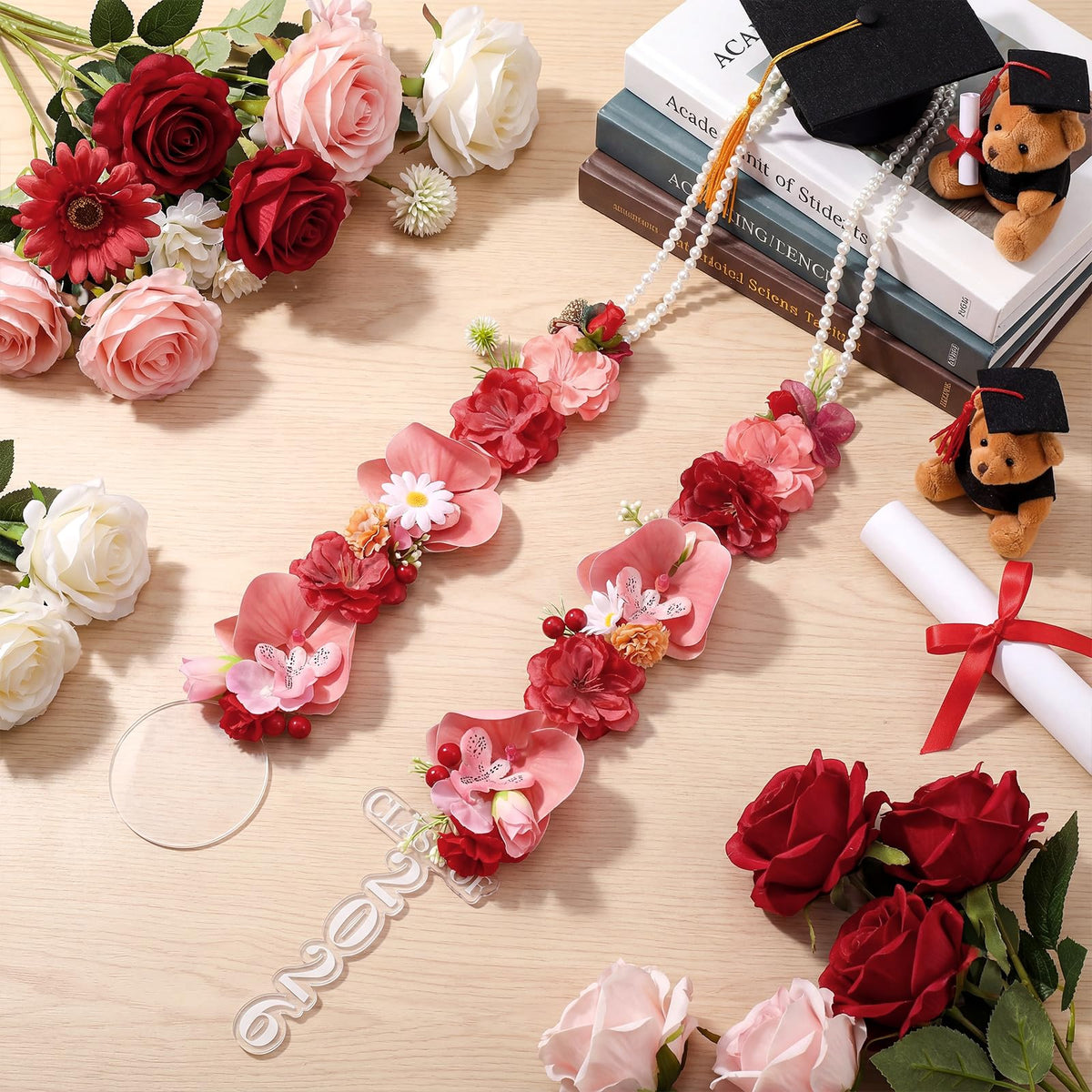 Suncalla red tropical flower graduation sash for a festive look